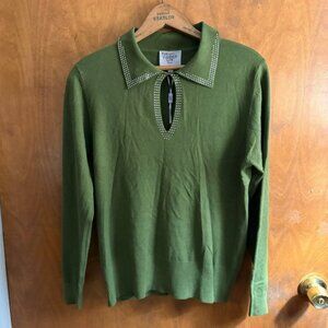 Liv Milano Olive Green Rhinestone Collar Sweater Office Formal Boho Minimalist